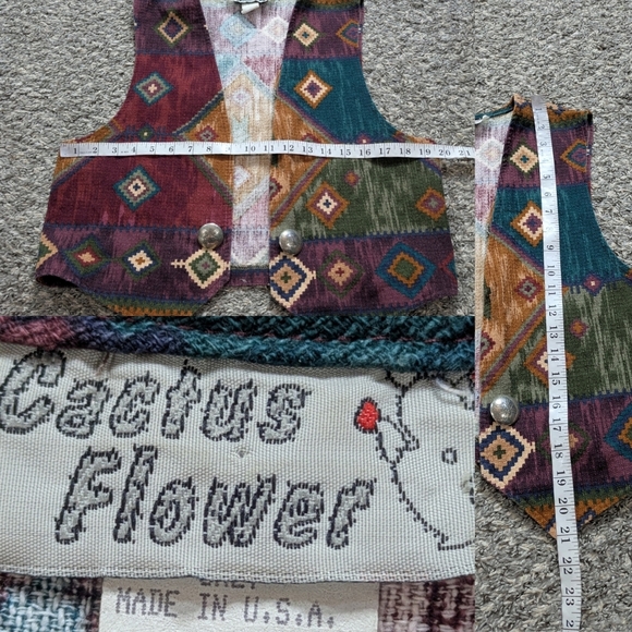 Vintage Cactus Flower Red Yellow Western Aztec Sleeveless Open Vest Cardigan L - Picture 9 of 9